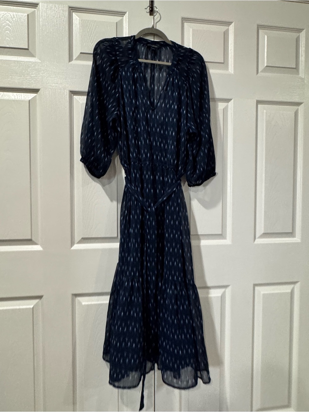 Banana Republic Navy Patterned Midi Dress with Tie Waist